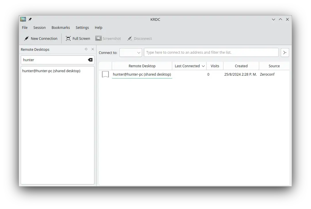 KRDC remote desktop client running on KDE Plasma