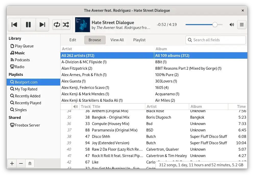 Rhythmbox music player screenshot on Ubuntu