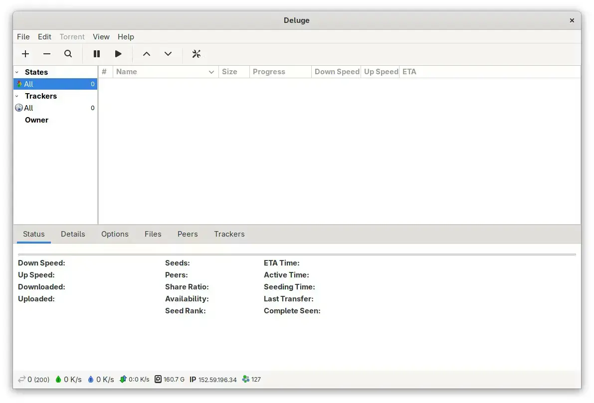 Deluge main page desktop screenshot - How to Install Deluge on Ubuntu 26.04 - Complete Guide