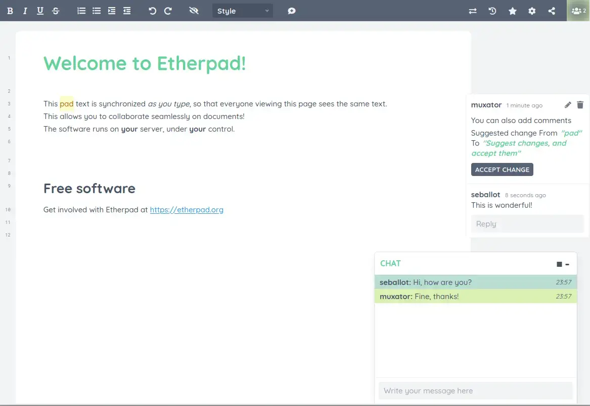 Etherpad collaborative editor running in a browser on Ubuntu