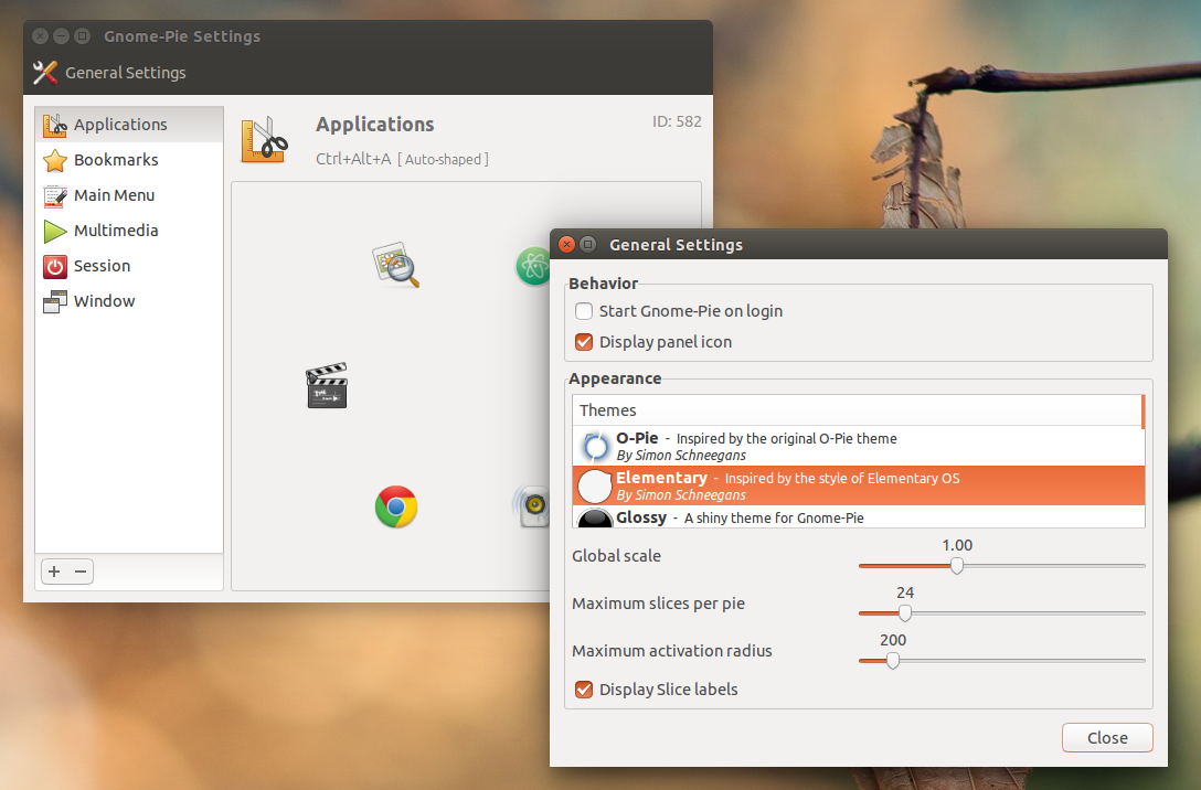 Gnome pie settings menu
