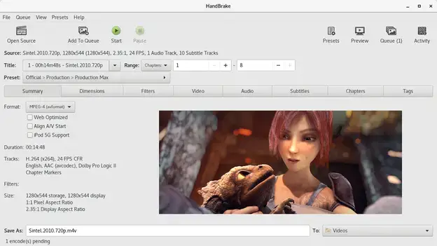 HandBrake media transcoder screenshot on Ubuntu