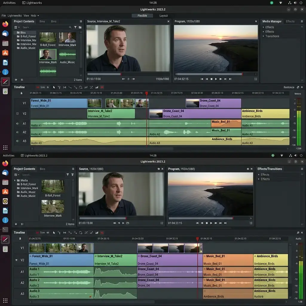 Lightworks video editor screenshot on Ubuntu
