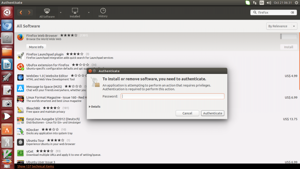 Enter Password for Ubuntu Software Center