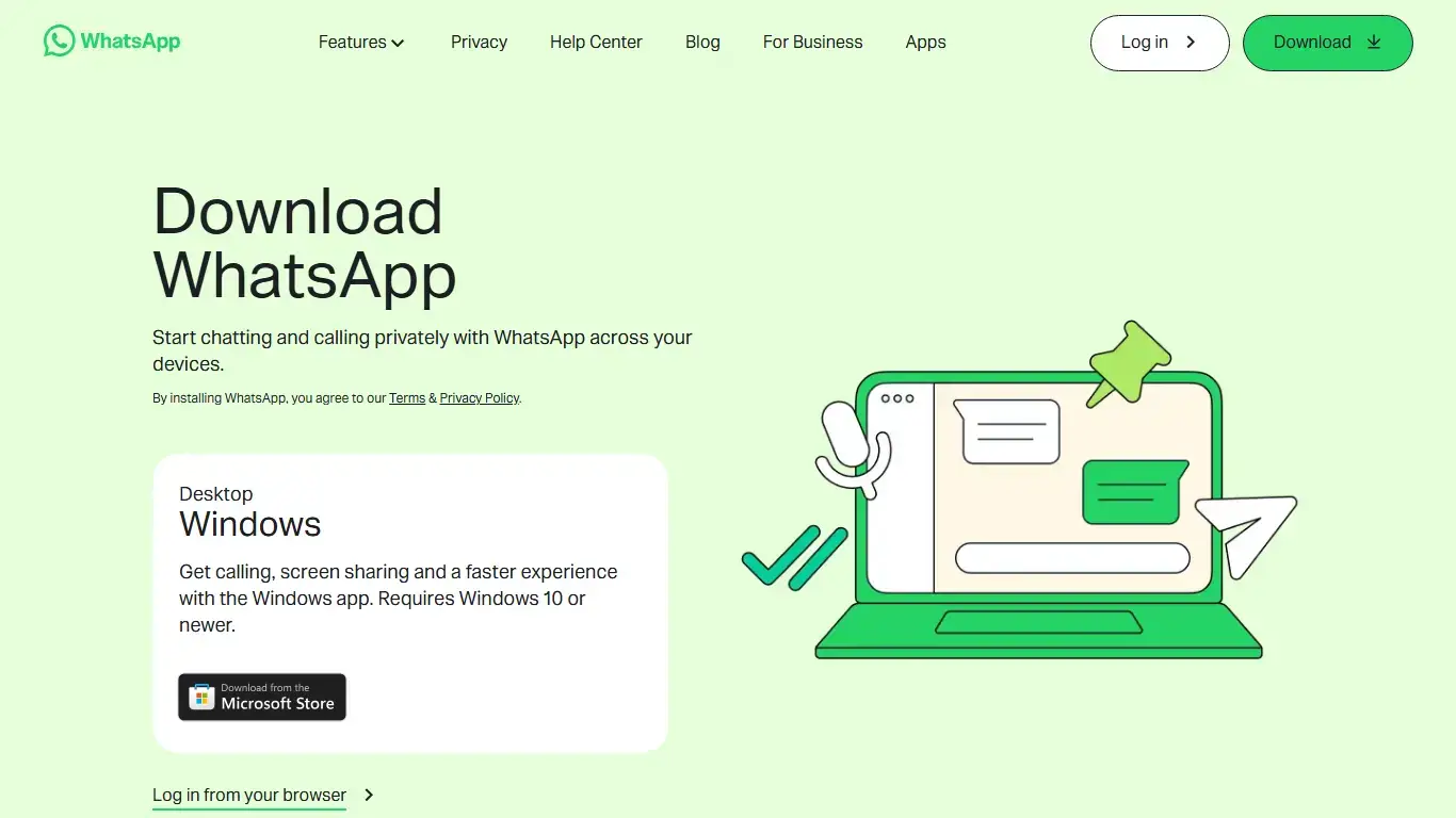 Official WhatsApp download page showing desktop options and browser login on Ubuntu