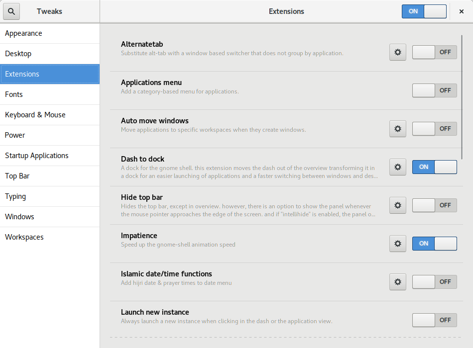 Gnome tweak tool extensions