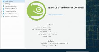 Opensuse tumbleweed is now powered by linux kernel 4.17 kde plasma 5.13 landed