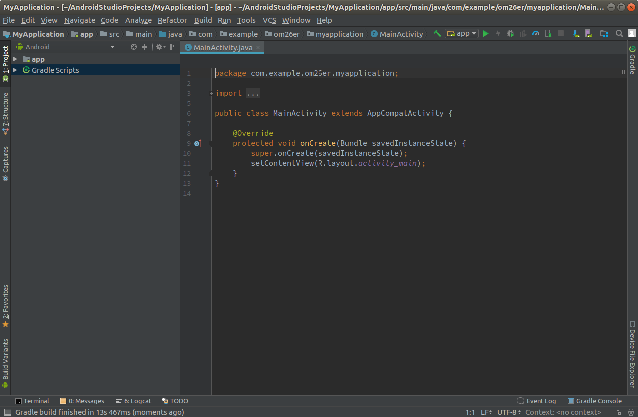 Screenshot of myapplication on ubuntu snap - Android Studio on Ubuntu