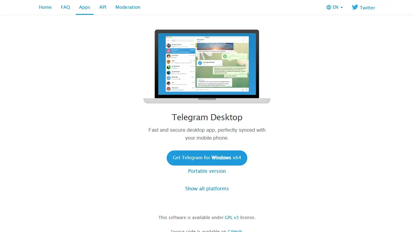 Official Telegram Desktop page with Linux download option