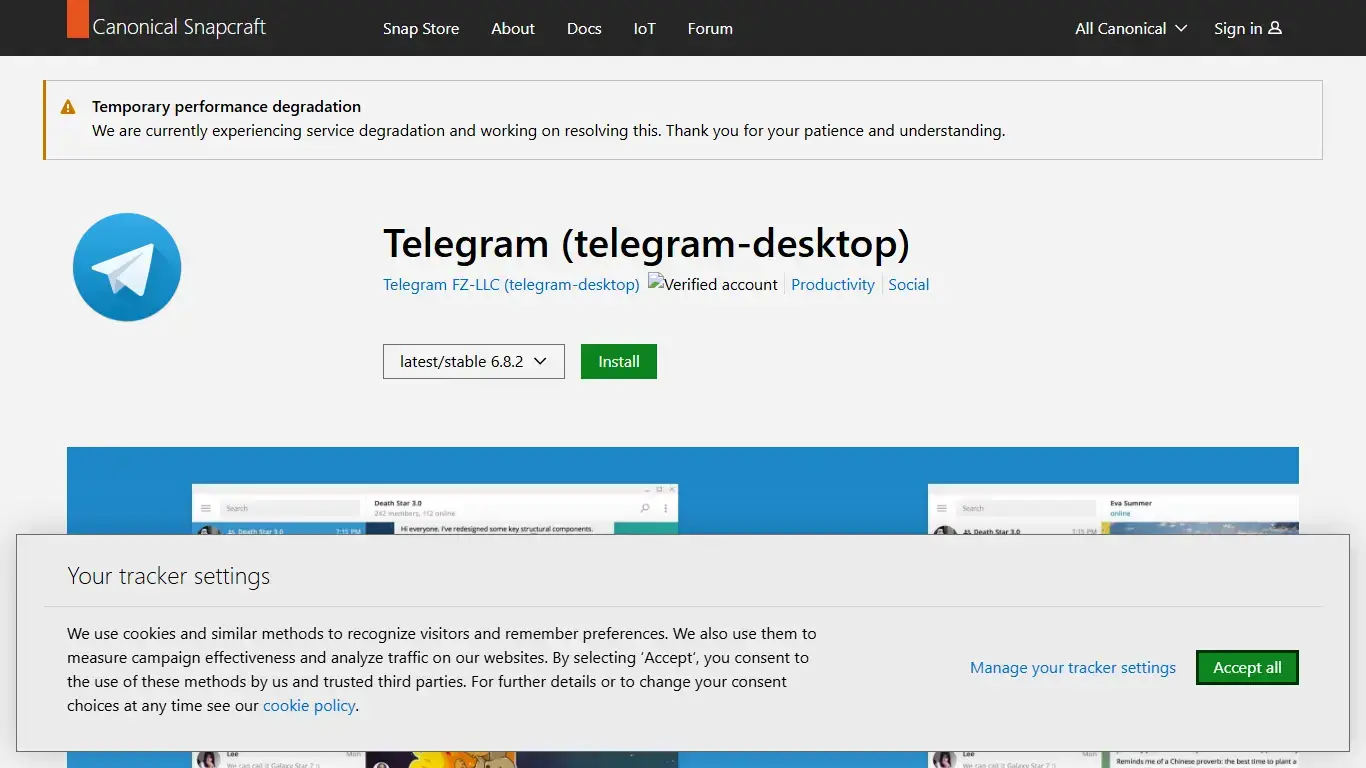 Telegram Desktop package page in the Snap Store on Ubuntu