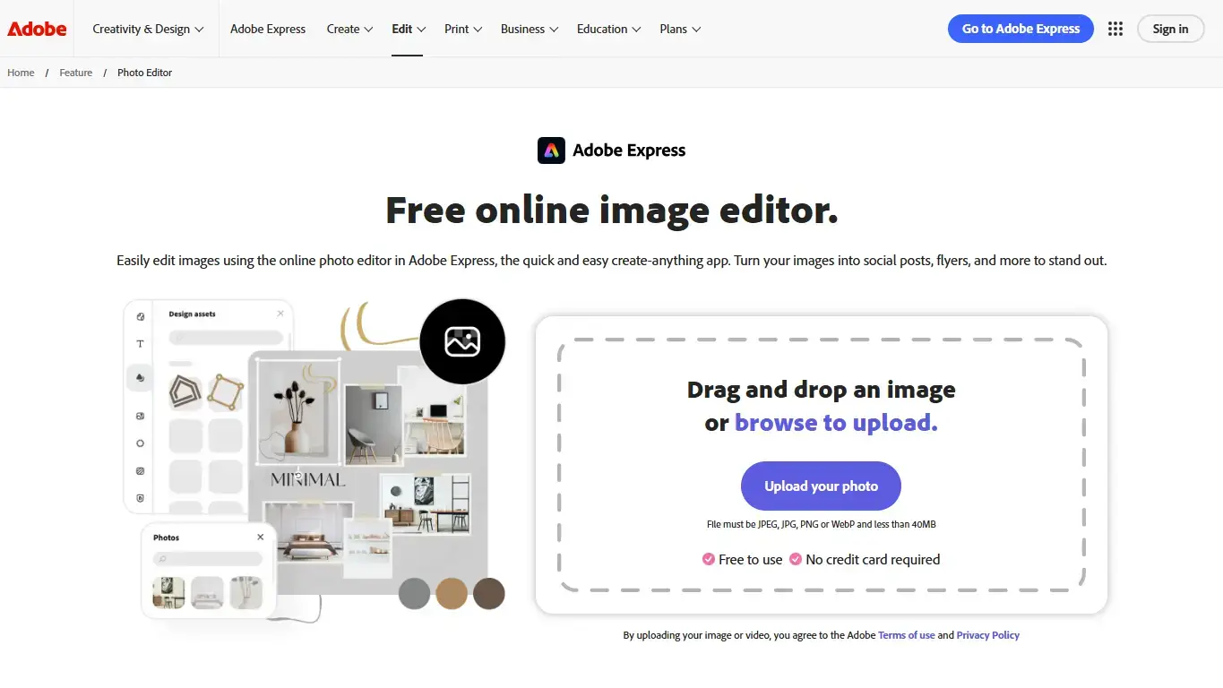 Adobe Express browser photo editor screenshot on Ubuntu