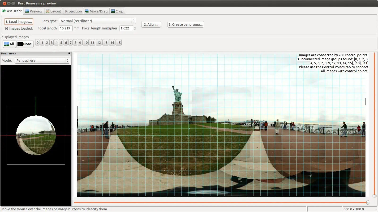 Hugin panorama stitching screenshot on Ubuntu