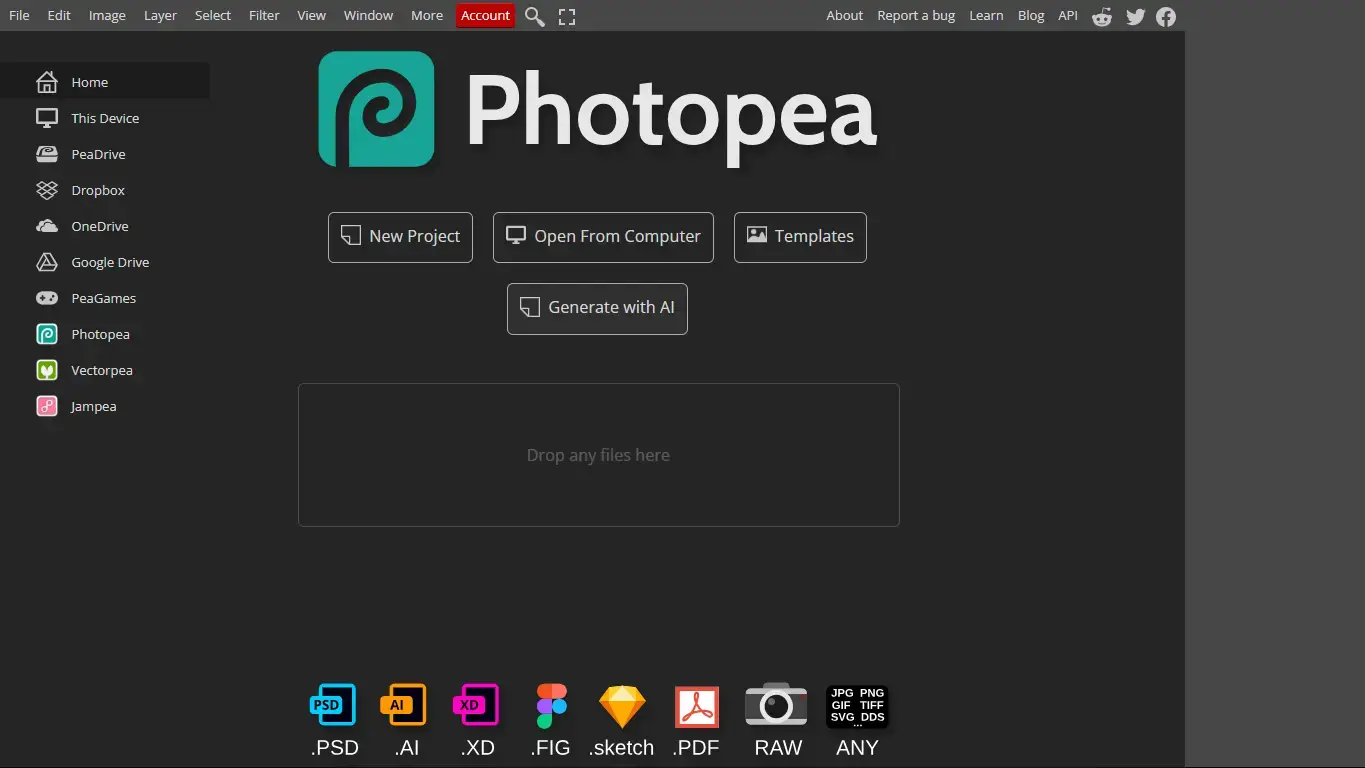 Photopea browser photo editor screenshot on Ubuntu