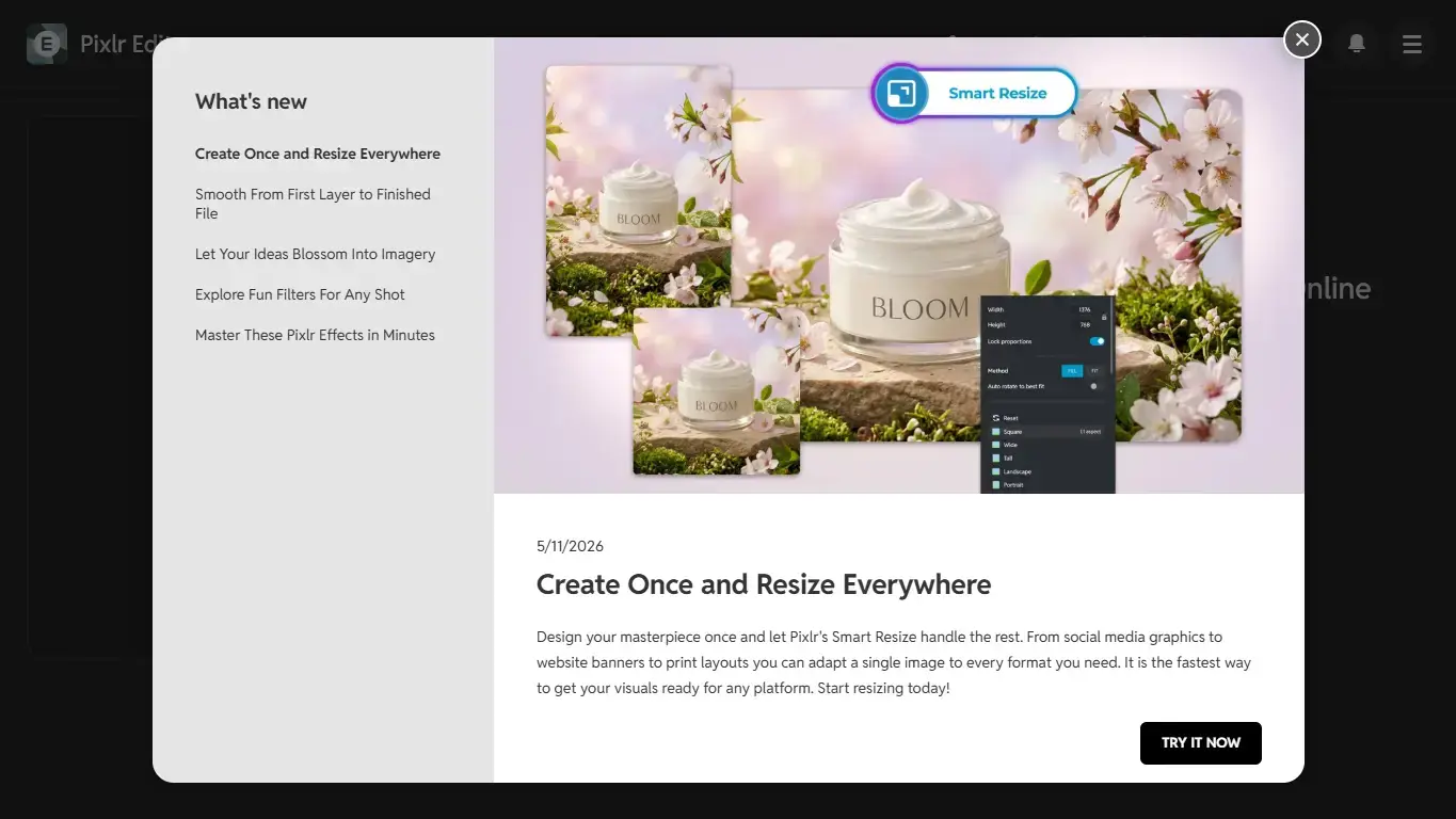 Pixlr browser photo editor screenshot on Ubuntu