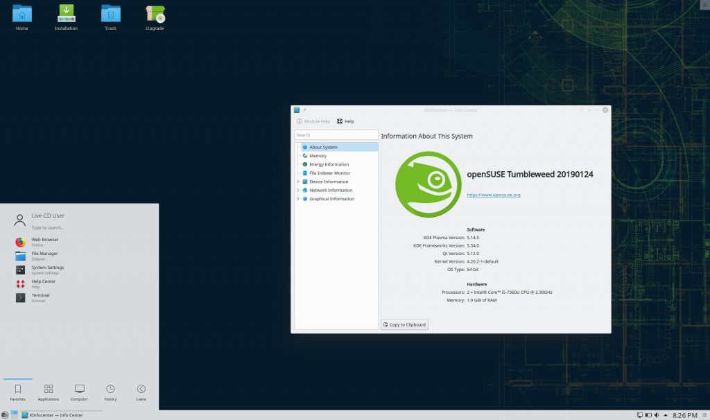 Opensuse tumbleweed is now powered by linux kernel 4 20 latest kde apps 524701 2