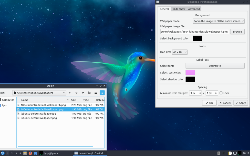 Lubuntu 1804 change desktop settings