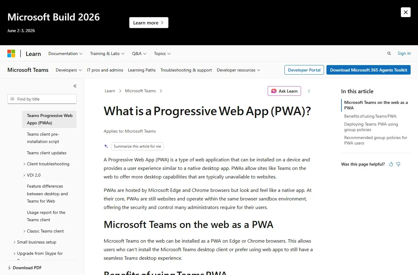 Microsoft Learn page explaining the Teams progressive web app for Linux users