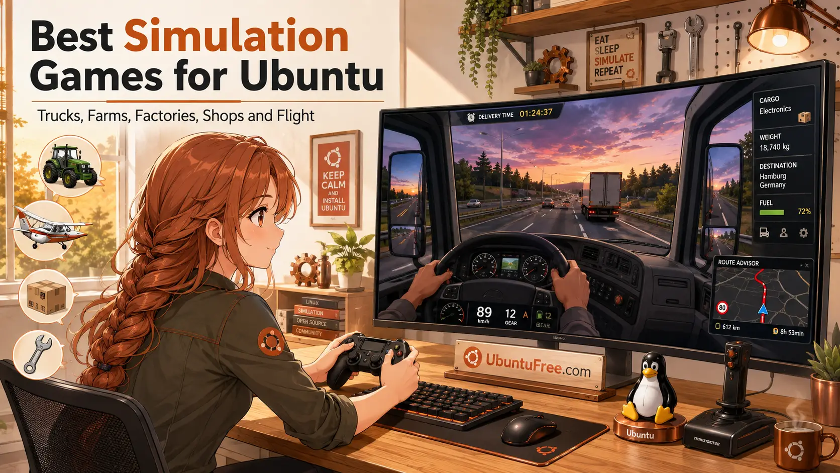 Cover image simulation games Cover image simulation games - Best Simulation Games for Ubuntu - Trucks, Farms, Factories & Flight