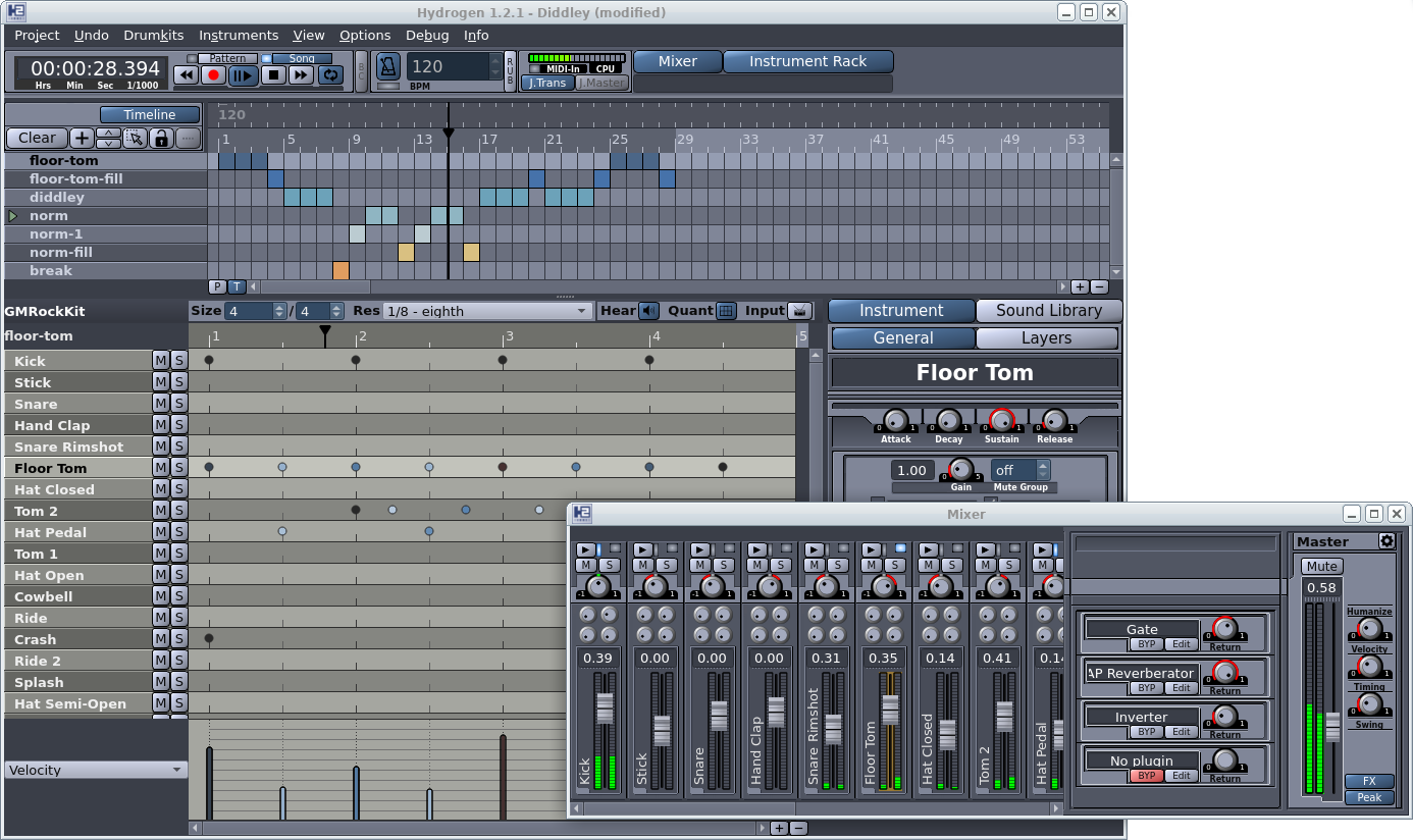 Hydrogen drum machine screenshot on Ubuntu