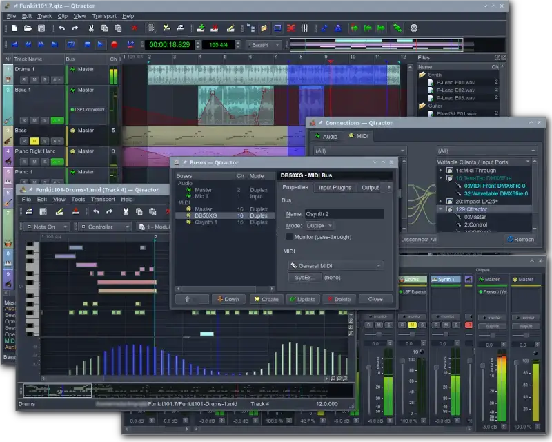 Qtractor music production app screenshot on Ubuntu