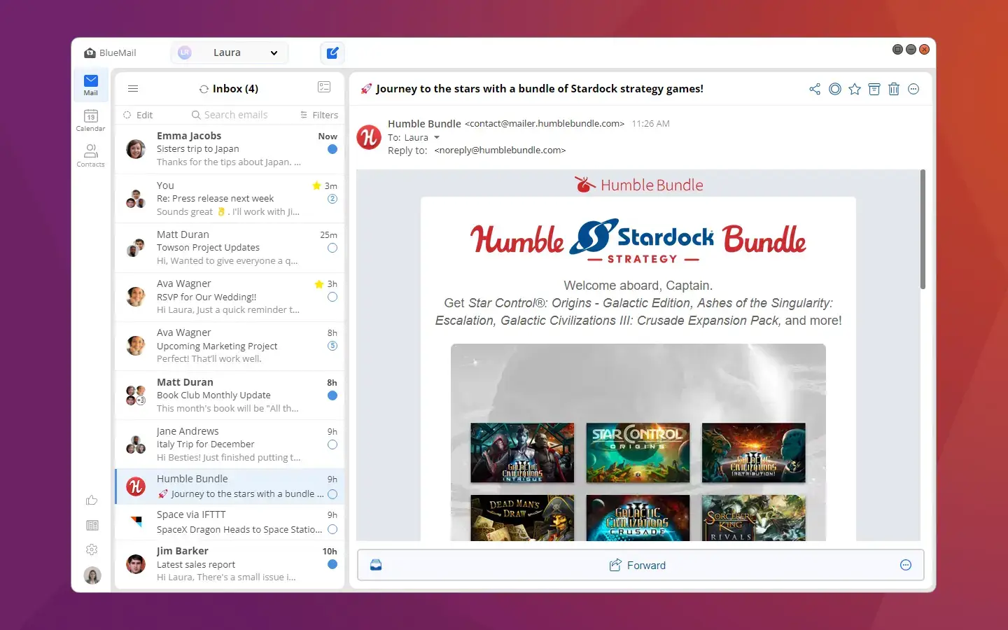 BlueMail email client screenshot on Ubuntu