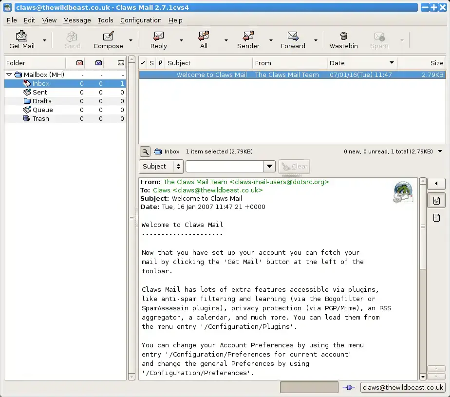 Claws Mail email client screenshot on Ubuntu