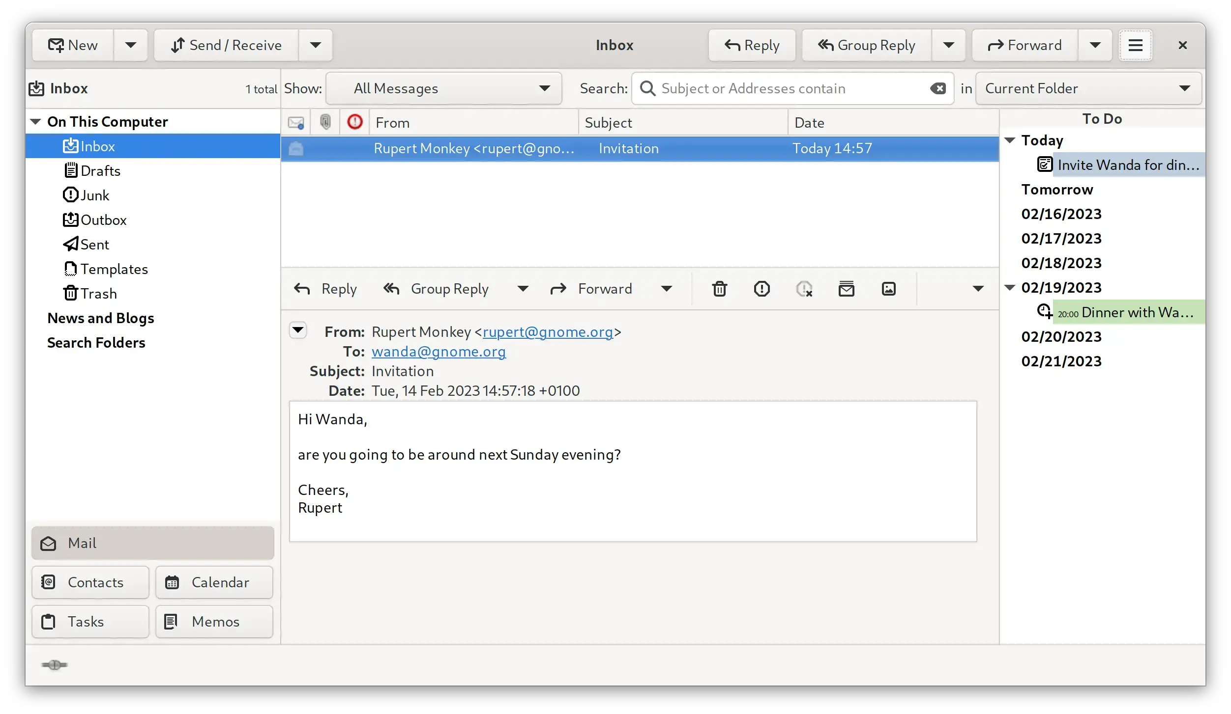 Evolution mail client screenshot on Ubuntu
