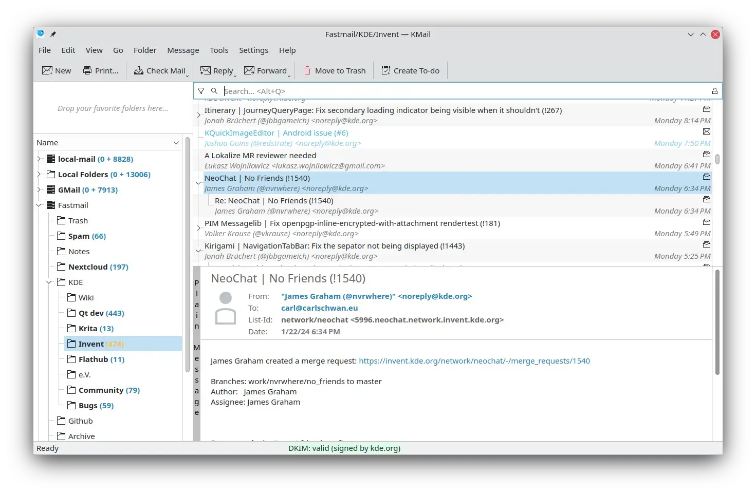 KMail email client screenshot on Ubuntu
