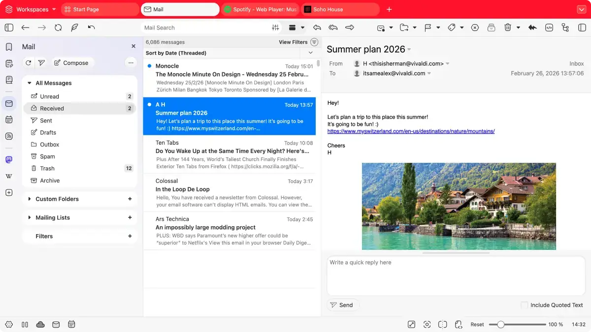 Vivaldi Mail screenshot on Ubuntu