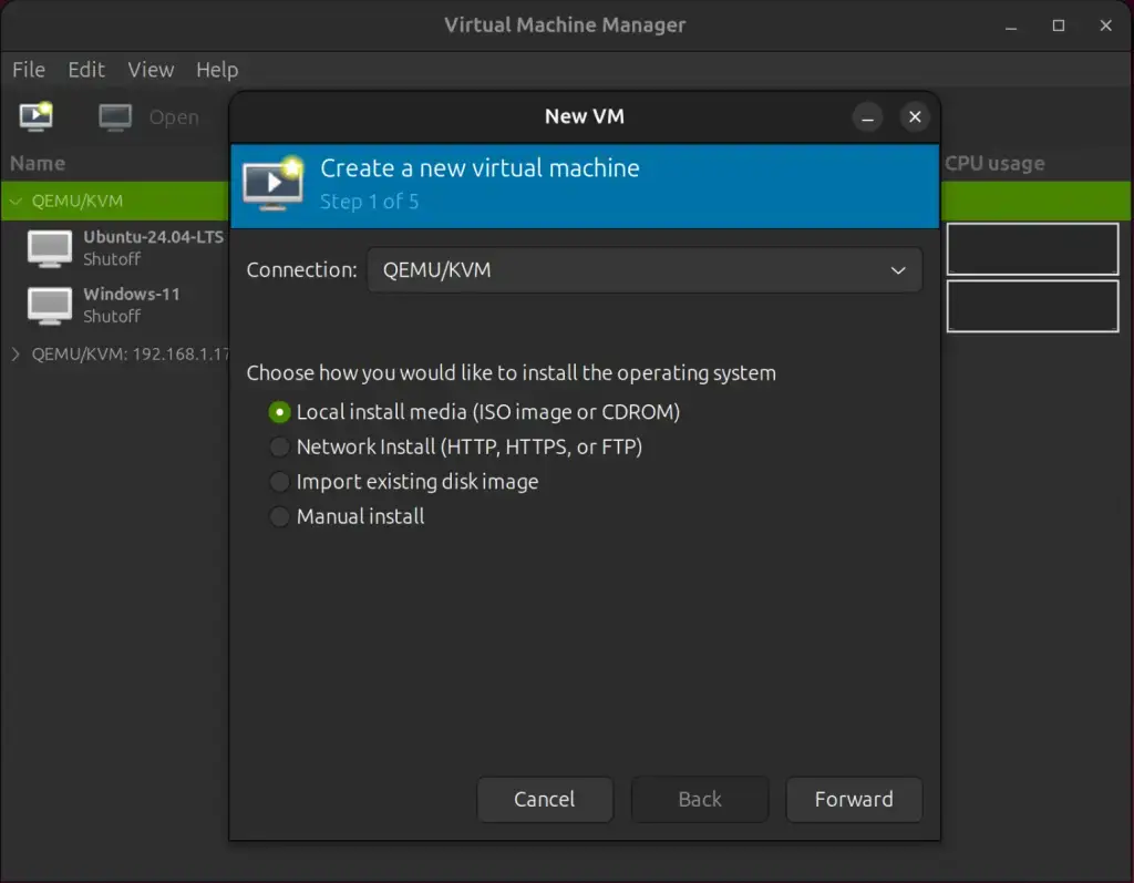 Vm management using virt manager new screenshot