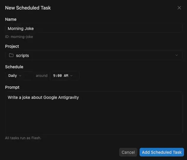 Schedule new task dark mode - Google Antigravity: How to install for Linux
