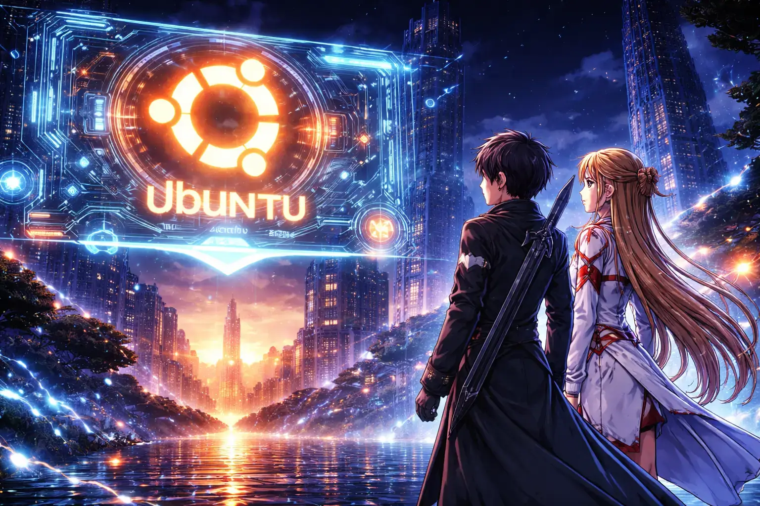 Aincrad meets ubuntu in glowing interface - Anime Ubuntu Wallpapers in HD and 4K