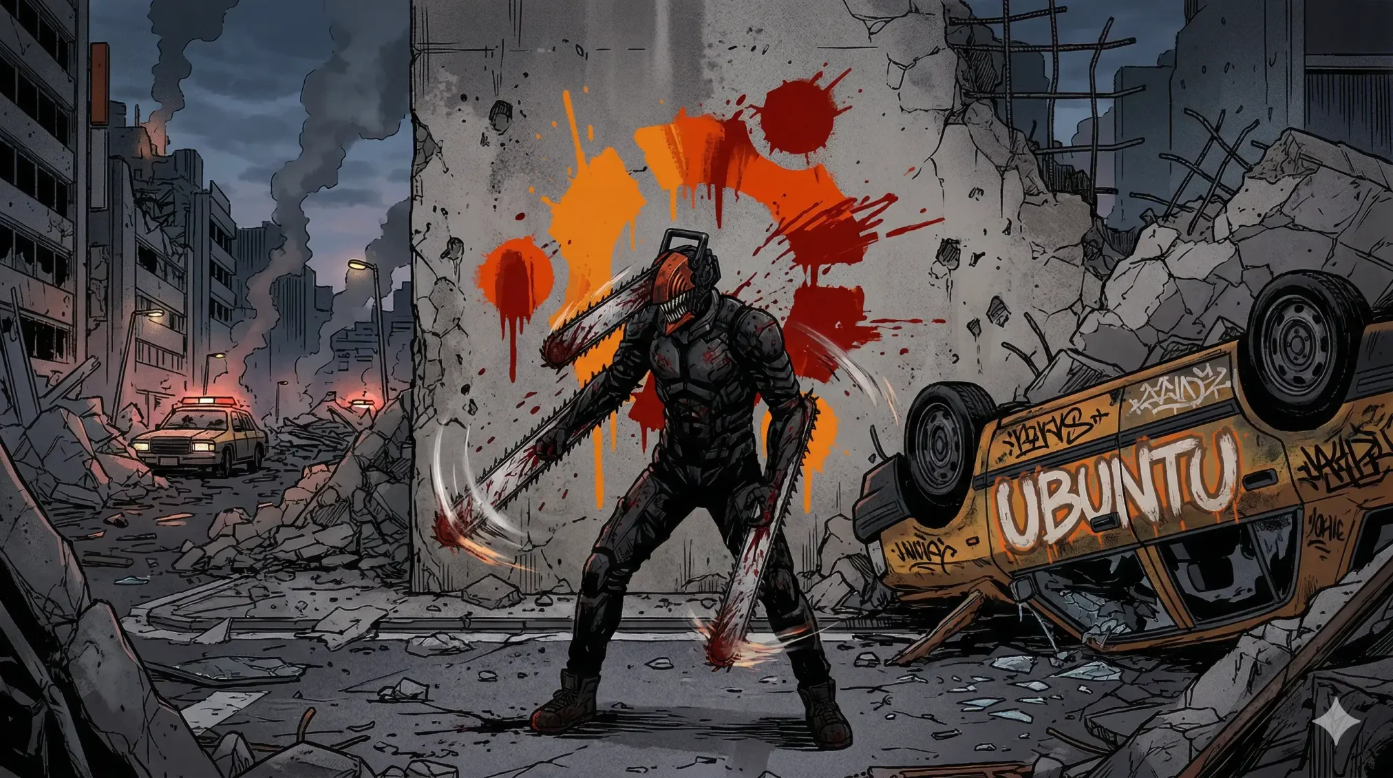 Chainsaw man blacksuit city destroyed - Anime Ubuntu Wallpapers in HD and 4K