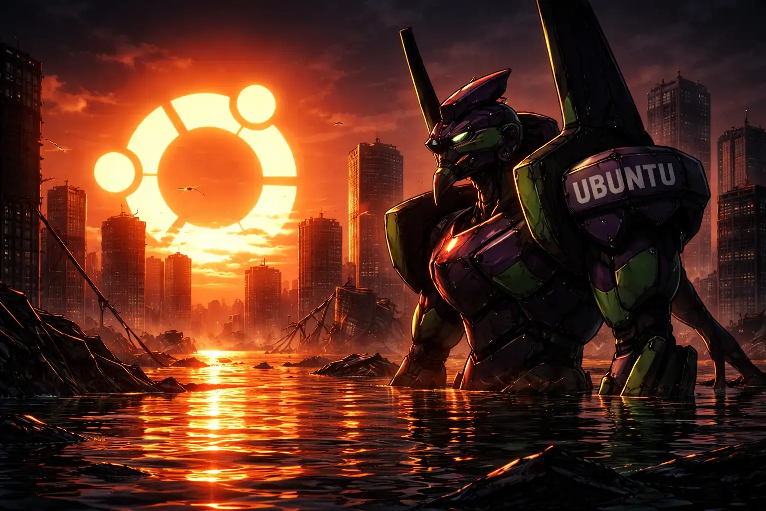 Evangelion unit 01 in flooded tokyo - Anime Ubuntu Wallpapers in HD and 4K
