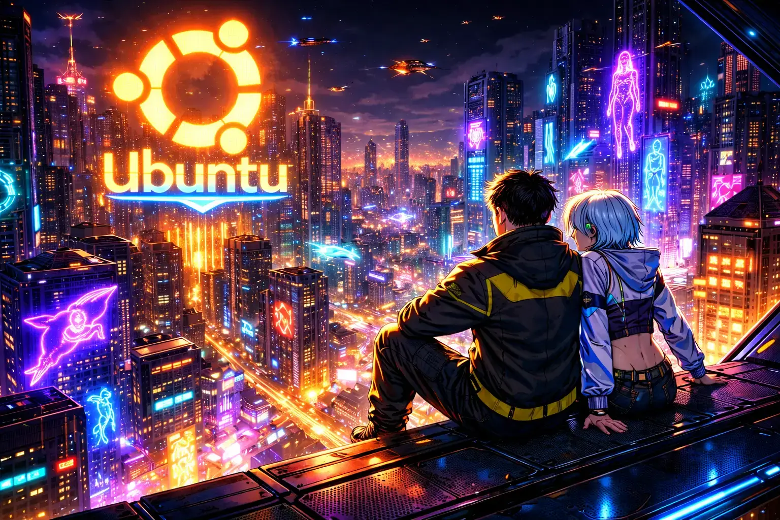 Skyscraper views in a neon city - Anime Ubuntu Wallpapers in HD and 4K