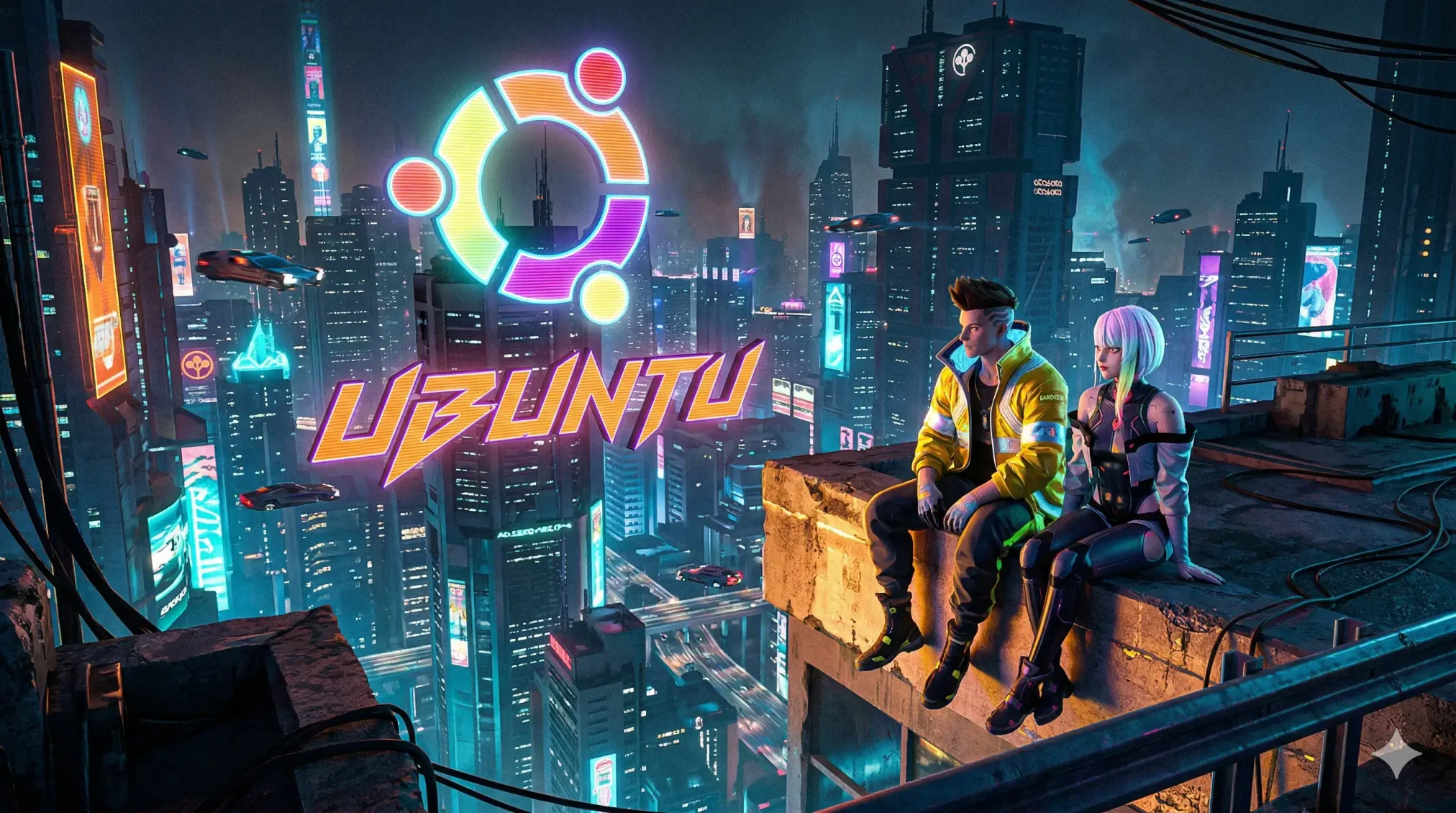 Two characters on top of skyscraper in the future - Anime Ubuntu Wallpapers in HD and 4K
