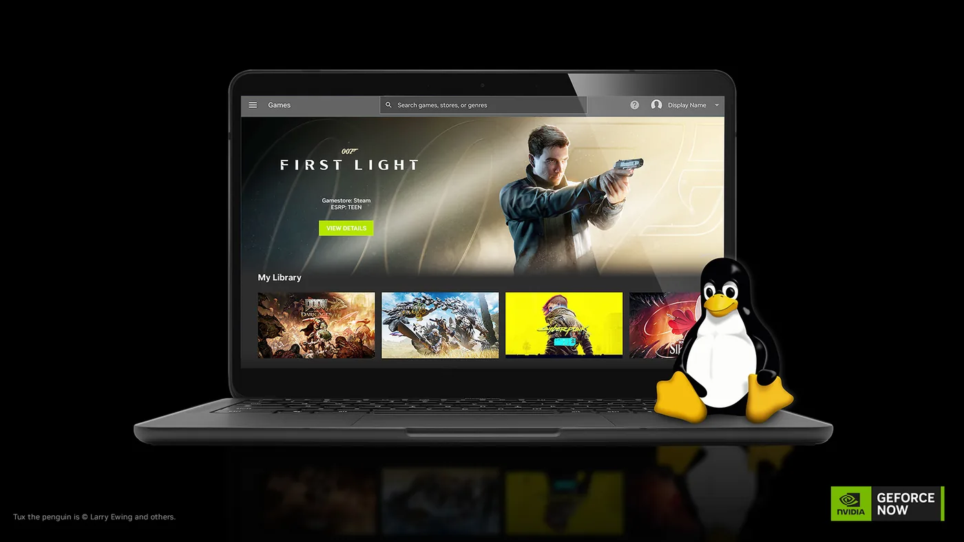 The GeForce NOW app running on a Linux laptop, shown beside the Tux penguin mascot