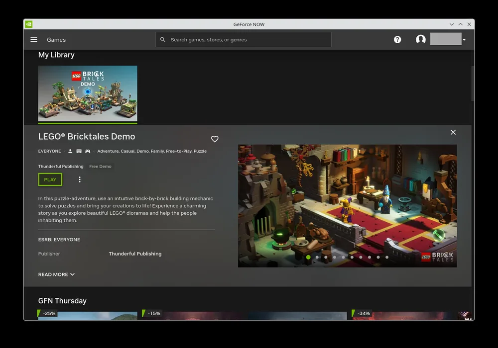 The GeForce NOW app running on a Linux desktop, showing My Library and an open game details panel
