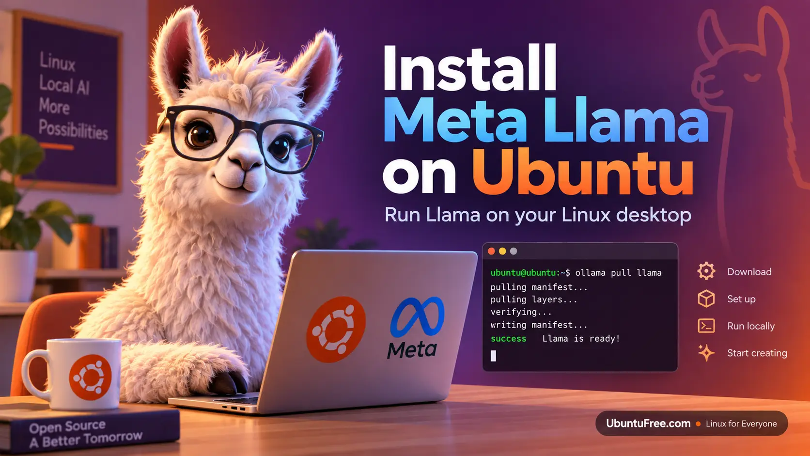 Illustration of a llama wearing glasses sitting at a laptop on Ubuntu, with a terminal window showing the ollama pull llama command finishing successfully