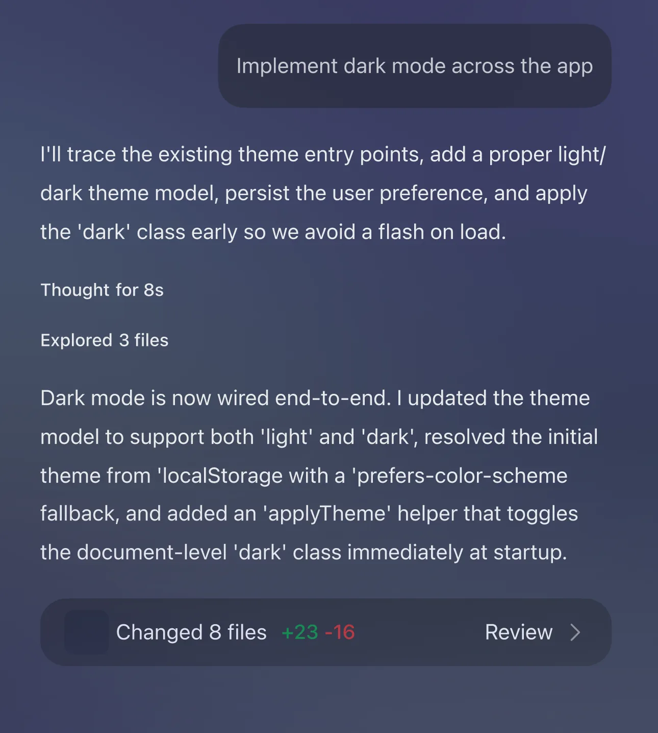 Codex working through a task in the ChatGPT desktop app, showing its plan, the files it explored and a review button