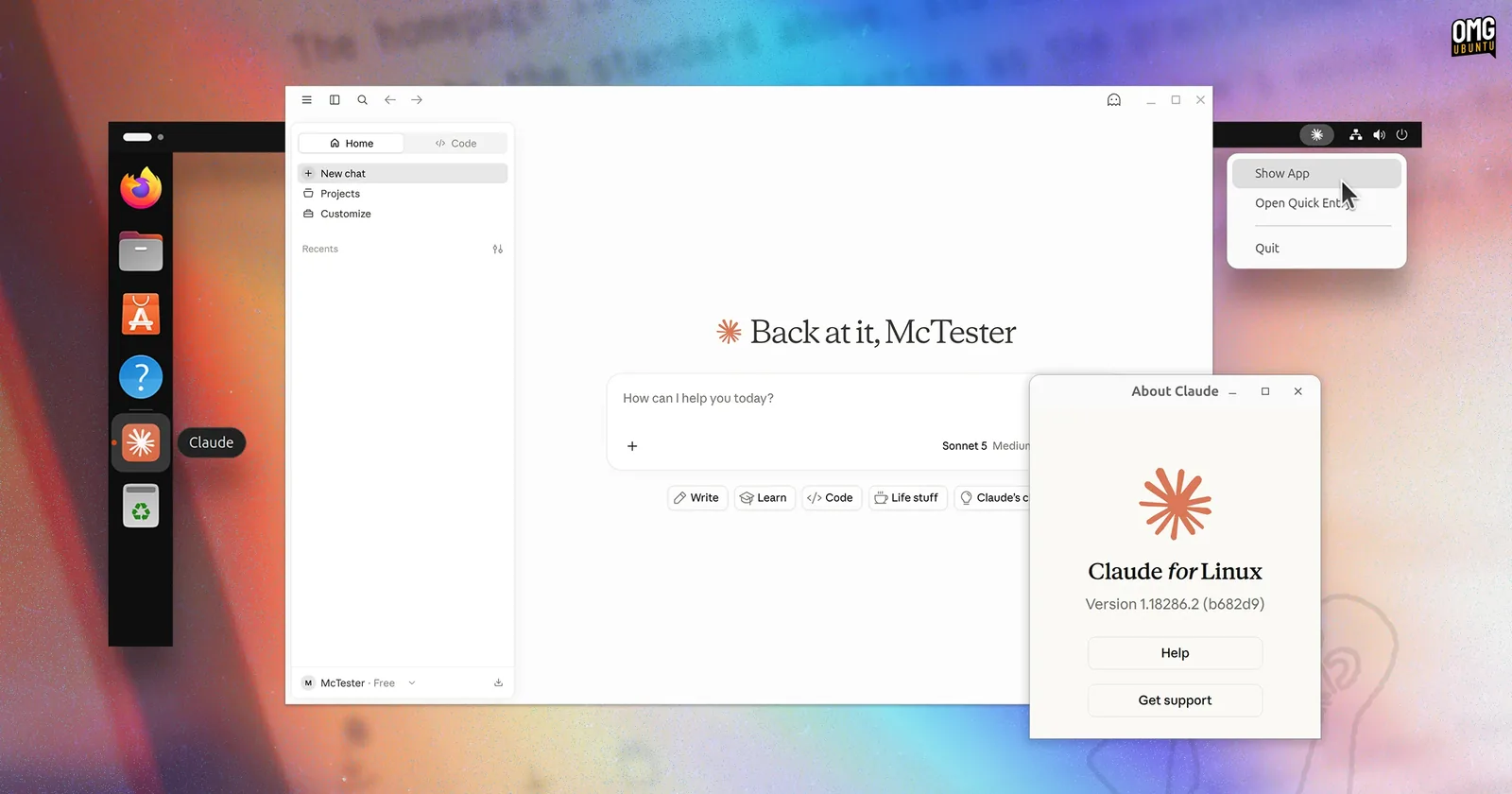 The Claude desktop app running on Ubuntu, with the Claude icon in the dock, the tray menu open and the About Claude for Linux dialog showing the version