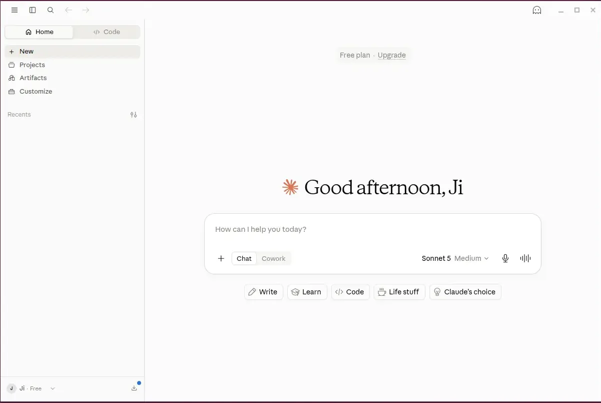 The Claude desktop app on Ubuntu showing the Code tab beside Home in the sidebar and the Chat and Cowork switch in the message box