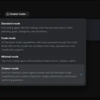 The DeepSeek Harness agent mode picker showing Standard, Code, Minimal and Creator modes