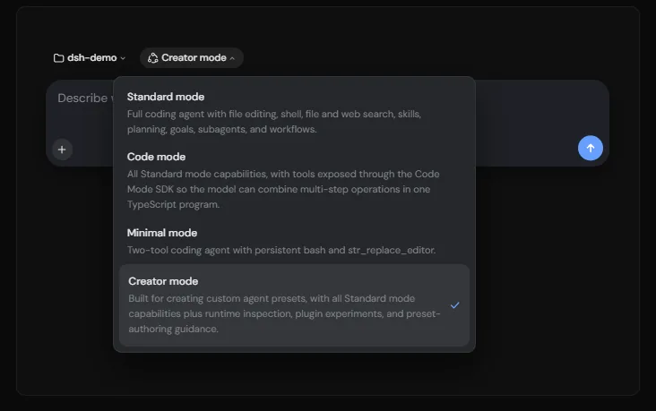 The DeepSeek Harness agent mode picker showing Standard, Code, Minimal and Creator modes