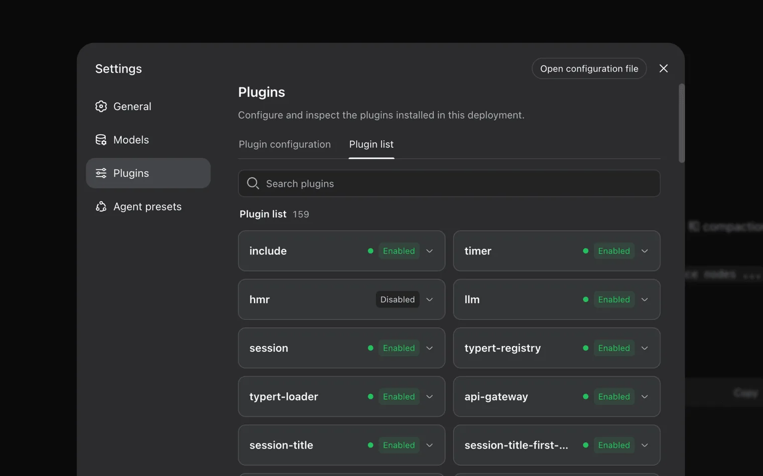 The Plugins page in the DeepSeek Harness web interface, listing installed plugins with enabled and disabled toggles