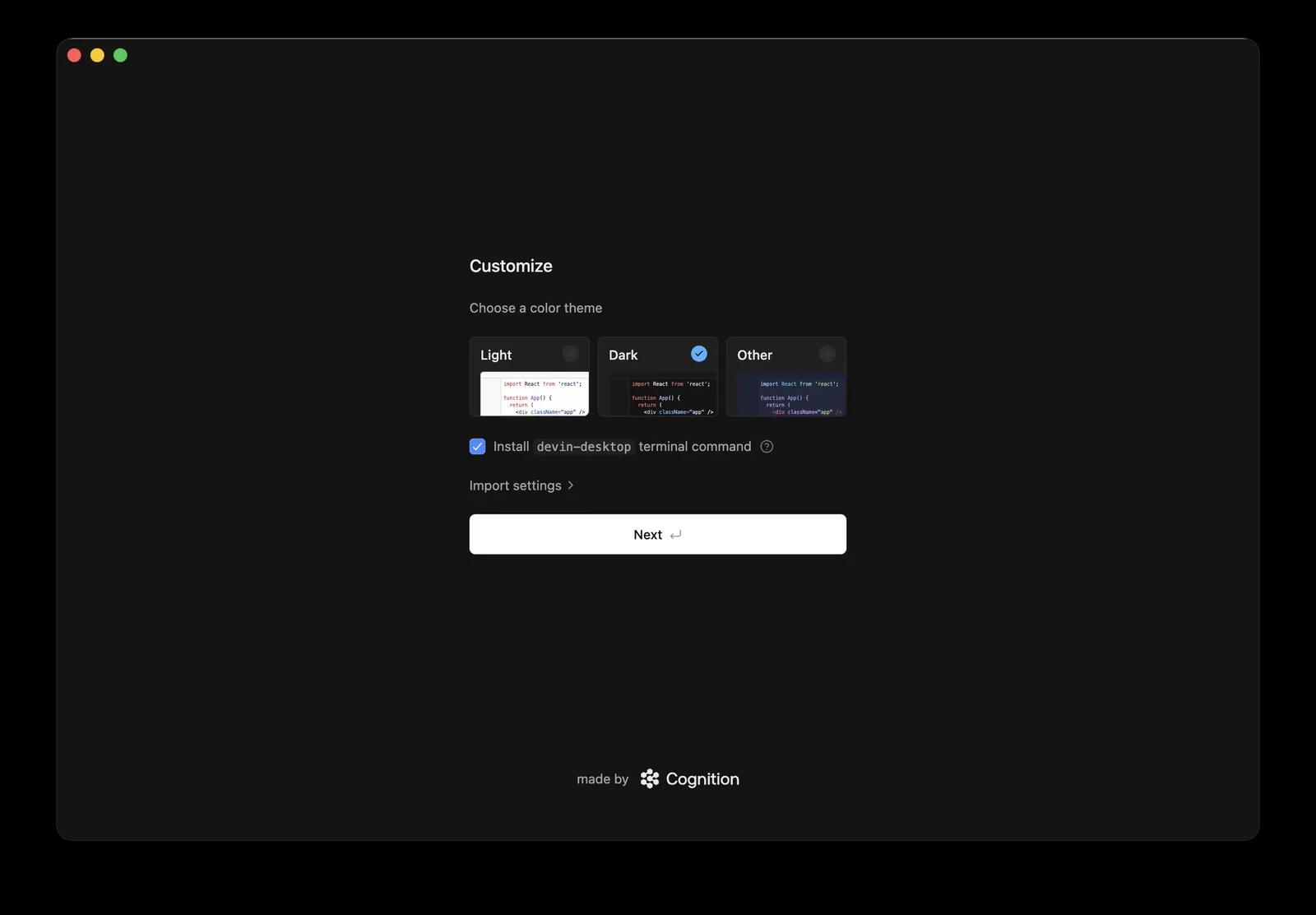 Devin Desktop first-run setup screen with theme choice, the devin-desktop terminal command option and Import settings