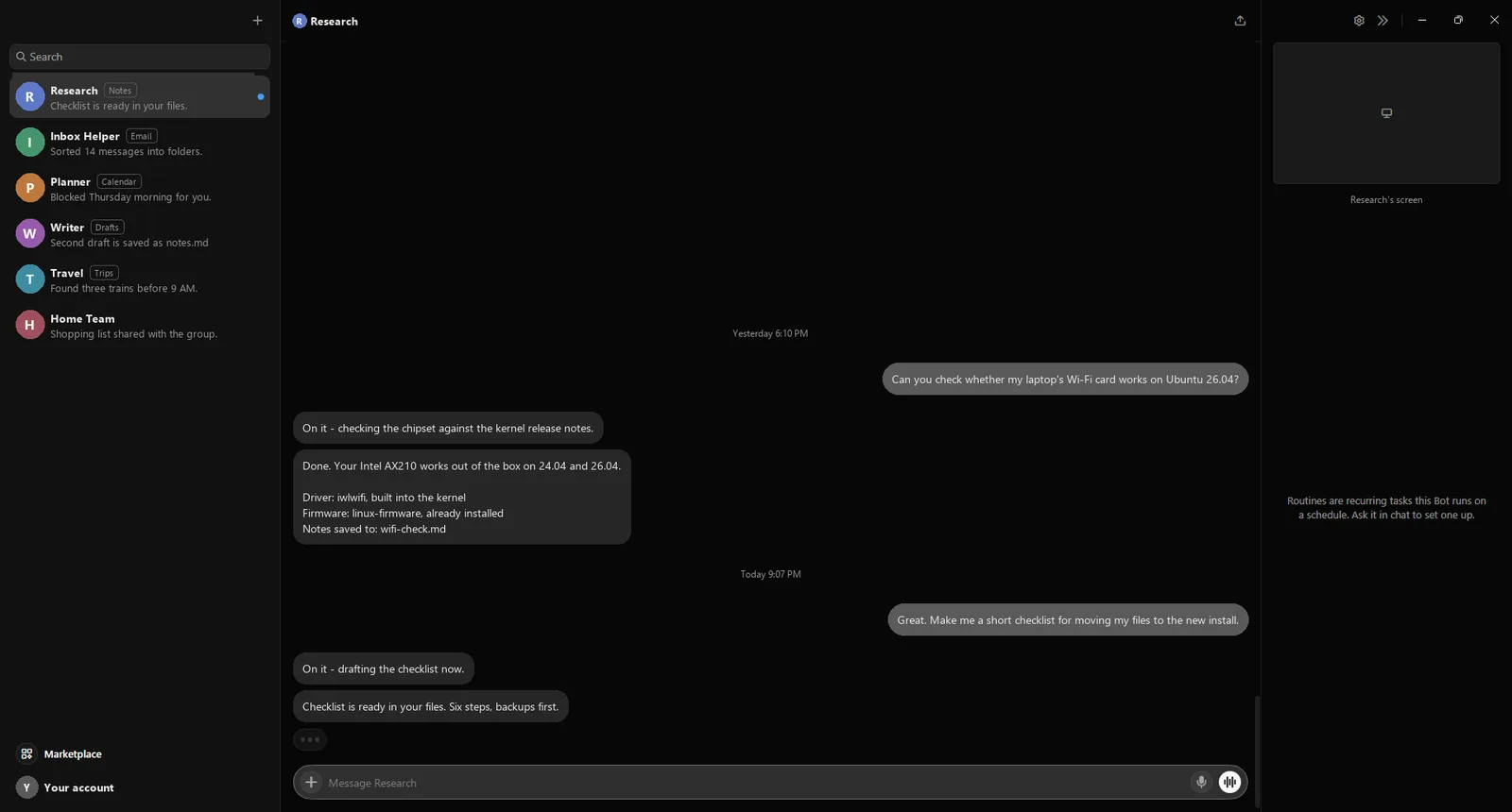 Grok Bot desktop app with a Bot conversation open and the Bots list in the sidebar