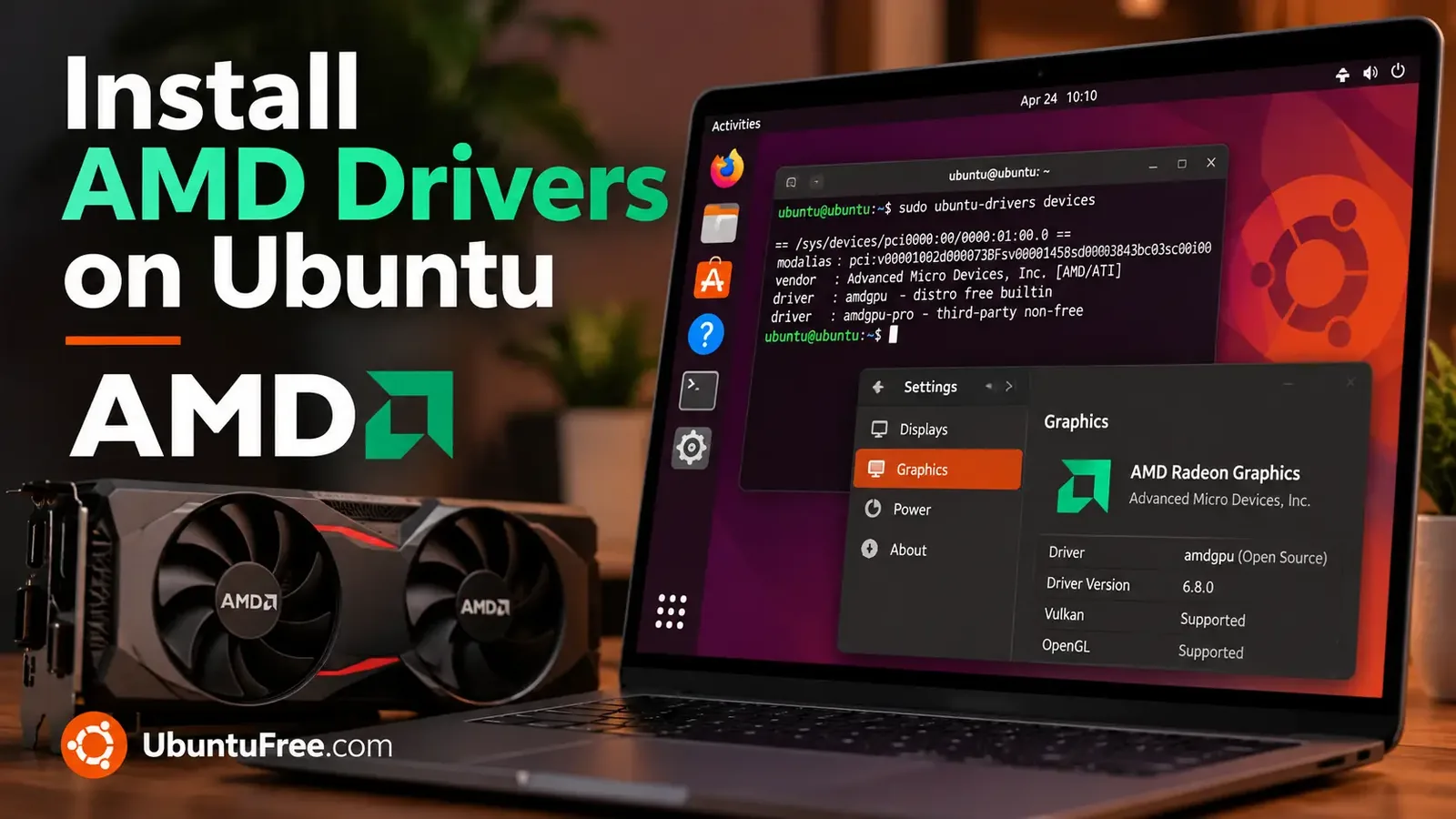 Install AMD drivers on Ubuntu cover art showing a Radeon graphics card and a laptop running Ubuntu