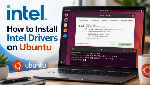 How to install Intel graphics drivers on Ubuntu, laptop showing a terminal and the Additional Drivers tab