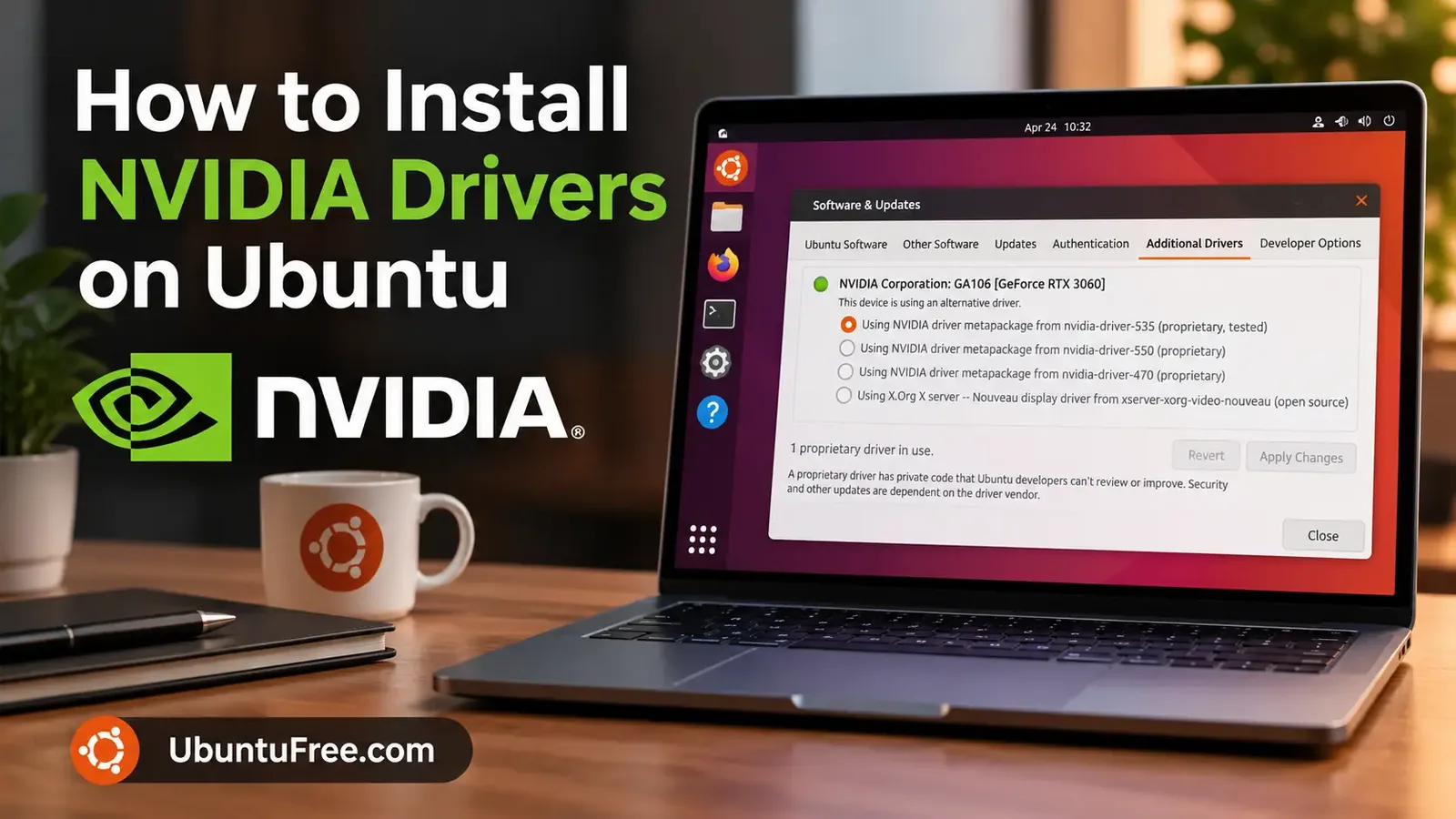 How to Install NVIDIA Drivers on Ubuntu cover art with the NVIDIA logo and a laptop running Ubuntu